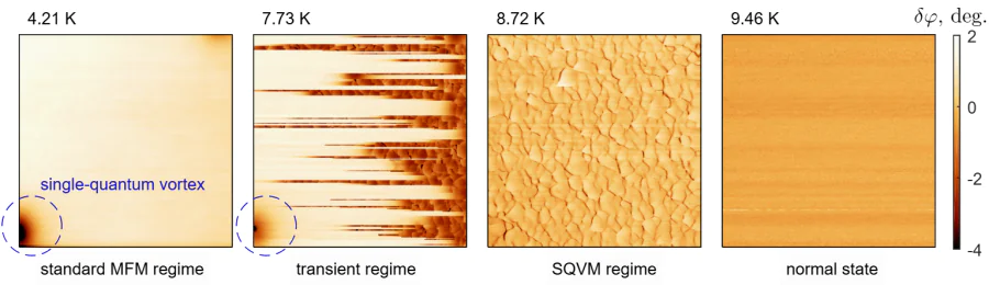 Evolution of the phase-shift patterns \( \delta\varphi(x,y) \) for the same area of 100-nm-thick Nb film with changing temperature (image size \( 5\times 5\,\mu \)m\( ^2 \), scanning height 40 nm, regime of the constant frequency 48.178 kHz).