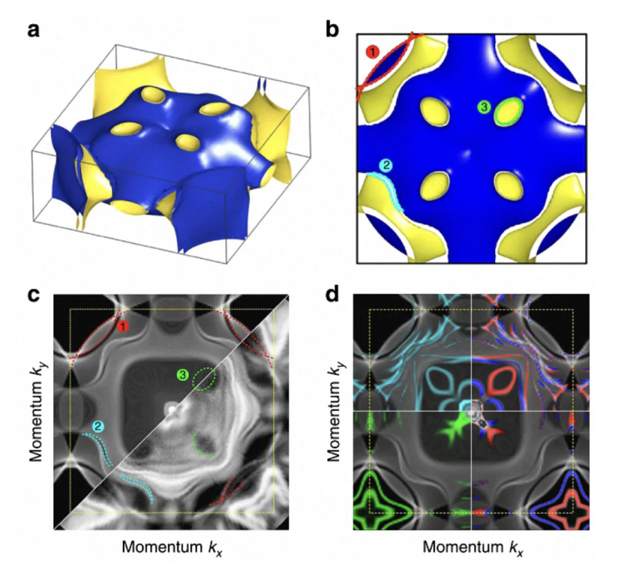 Fermi surface of AFM-ordered EuRh\( _2 \)Si\( _2 \) derived from UV-ARPES and DFT calculations.(a) 3D view and (b) top view of the calculated Fermi surface along \( k_z \).(c) Comparison between the projected bulk Fermi surface (top left panel) and the ARPES-derived Fermi surface (bottom right panel) taken at 10~K. The yellow dashed line marks the border of the Brillouin zone.(d) In addition to the projected bulk Fermi surface, surface states and surface resonances obtained from slab calculations are shown for Eu termination (cyan, top left panel) and Si termination (green, bottom left panel). The spin polarization of the termination-specific surface-related states is indicated in red and blue on the right side[106].