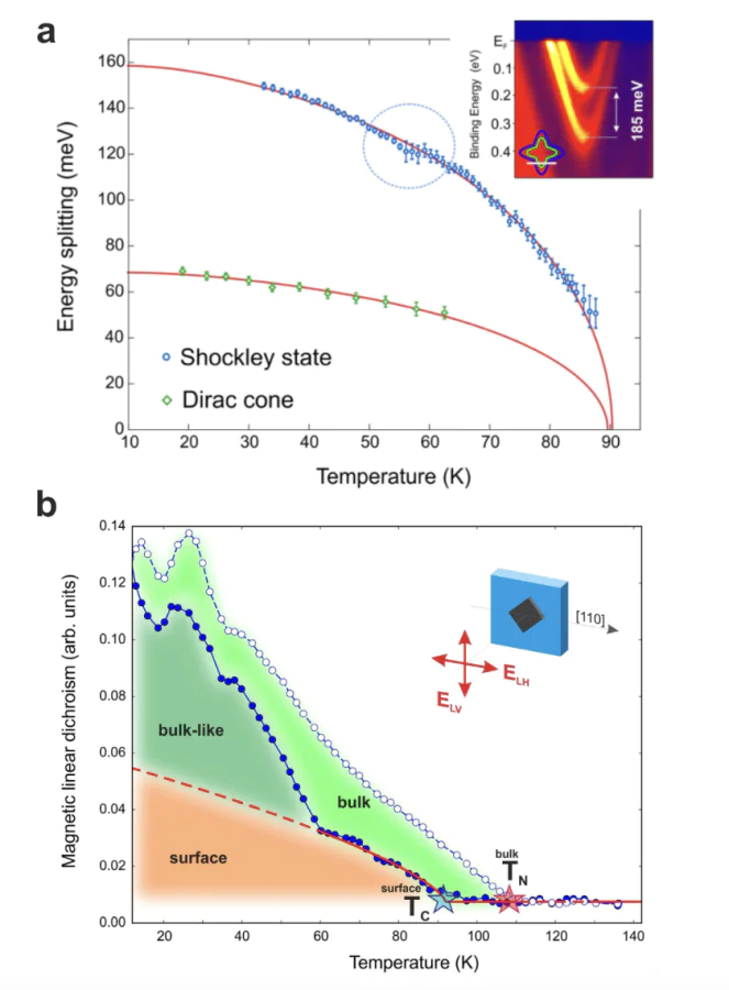 Temperature scales from ARPES and XMLD.(a) ARPES-derived temperature evolution of the spin splitting of the Shockley surface state and the Dirac cone. The solid lines represent fits to both data sets obtained using the Weiss molecular-field approximation to the Heisenberg model[113]. The inset shows the maximum spin splitting of the Shockley state, reaching 185~meV, and schematically illustrates the measurement direction.(b) Temperature dependence of the XMLD signal measured in fluorescence yield (TFY, open symbols) and total electron yield (TEY, solid symbols). TFY probes the bulk magnetization, whereas TEY is more sensitive to the surface region. The dashed lines serve as guides to the eye. The red solid line shows the fit obtained using the Weiss molecular-field approximation to the Heisenberg model[113]. The inset schematically illustrates the experimental geometry of the XMLD experiment[109].