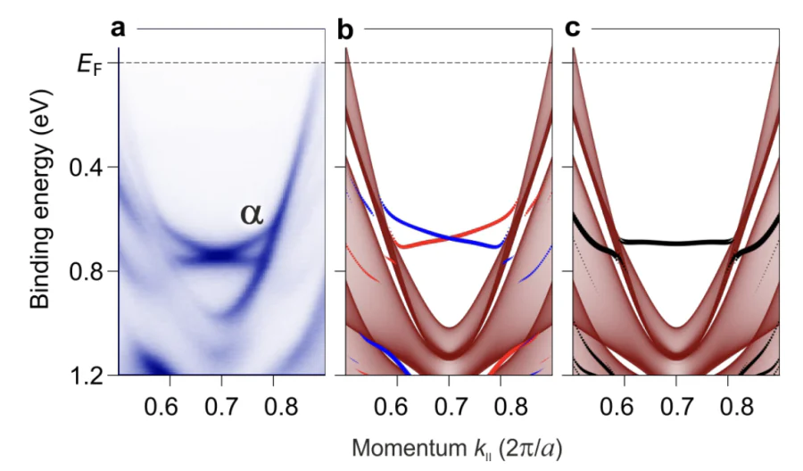 Insight into the surface state located near the \( \bar{\rm M} \) point, as revealed by ARPES data (a) taken along the \( \bar{\rm M} \)--\( \bar{\Gamma} \)--\( \bar{\rm M} \) direction for the CeIn-terminated surface of CeIrIn\( _5 \), and by full-relativistic DFT calculations (b), where red and blue denote positive and negative values of the spin expectation \( \langle S_y \rangle \), respectively. Scalar-relativistic DFT results are shown in (c) for comparison[130].