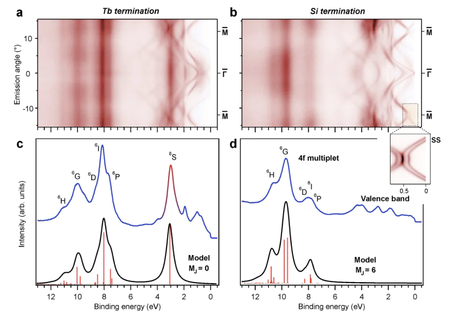 Evaluation of Tb 4\( f \) moments orientation from ARPES. Band map patterns taken along the \( \bar{\rm M}-\bar{\Gamma}-\bar{\rm M} \) direction for (a) Tb- and (b) Si-terminated surfaces of TbRh\( _2 \)Si\( _2 \) in the AFM phase at \( T=21 \)~K. The inset shows surface states taken at \( T=8 \)~K.(c,d) Angle-integrated photoemission spectra obtained from the data in panels (a,b) by integrating over an angular range of \( \pm5^\circ \) around the \( \bar{\Gamma} \) point (blue curves), compared with calculated 4\( f \) multiplet spectra for single-\( M_J \) ground states \( |0\rangle \) and \( |6\rangle \) (black curves)[131].
